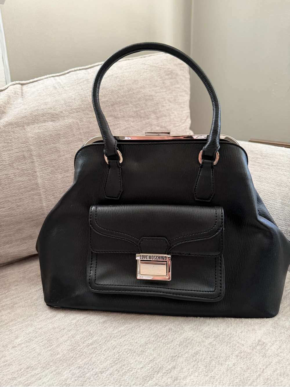 Love Moschino Black Leather Gold Accented
Structured Satchel Handbag
